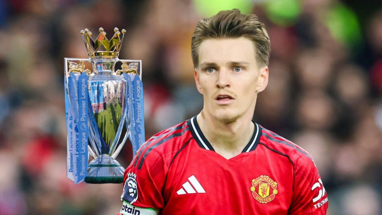 Arsenal player Martin Odegaard in a Manchester United shirt with the Premier League trophy