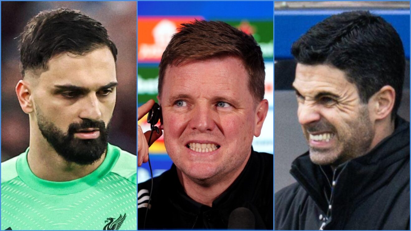 Liverpool keeper Giorgi Mamardashvili, Newcastle manager Eddie Howe and Arsenal coach Mikel Arteta