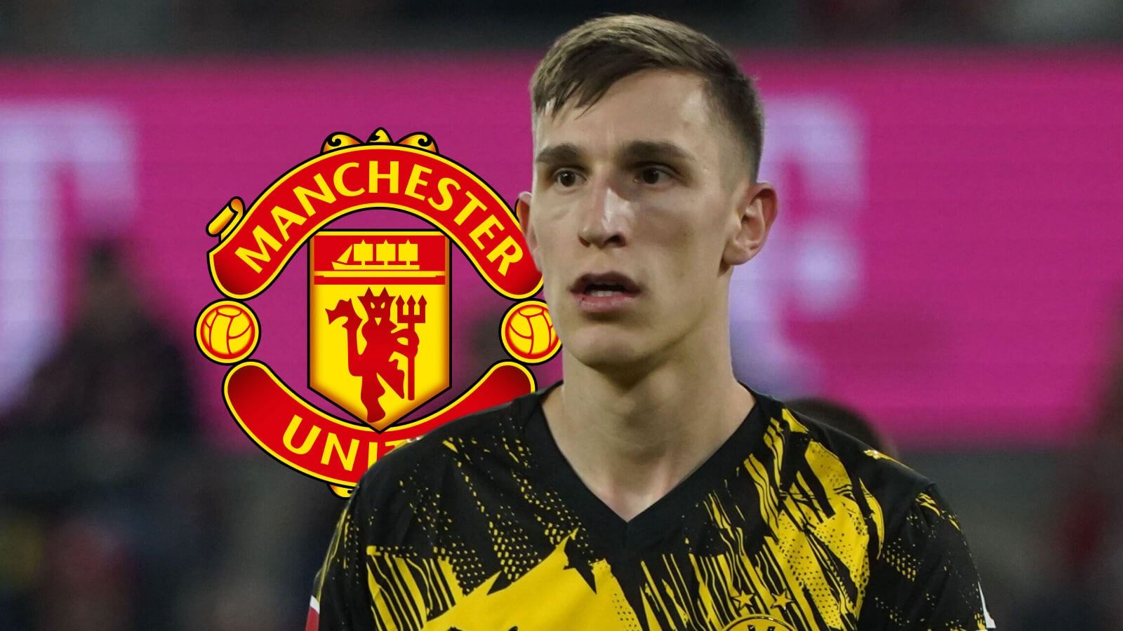 Nico Schlotterbeck with Man utd badge