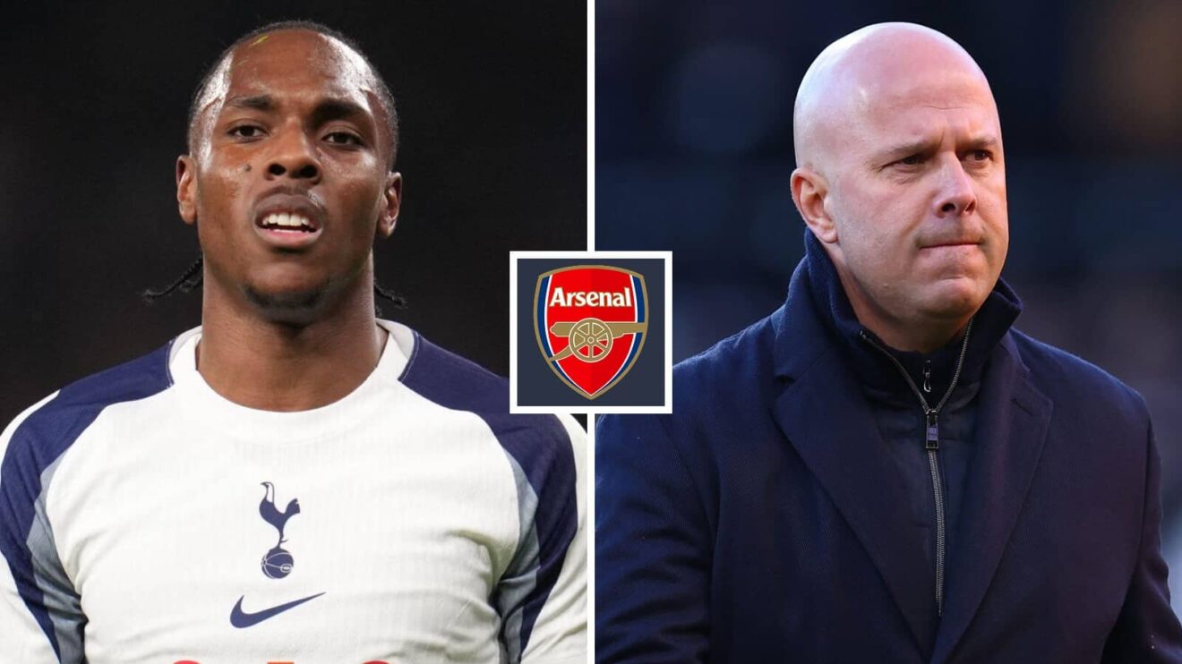 Pit pic of Tottenham Hotspur forward Mathys Tel and Liverpool boss Arne Connector through the Arsenal badge in between - copyright F365