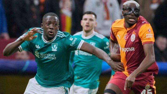 Liverpool defender Ibrahima Konate defends against Victor Osimhen