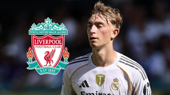 Liverpool badge and Real Madrid defender Dean Huijsen - copyright F365