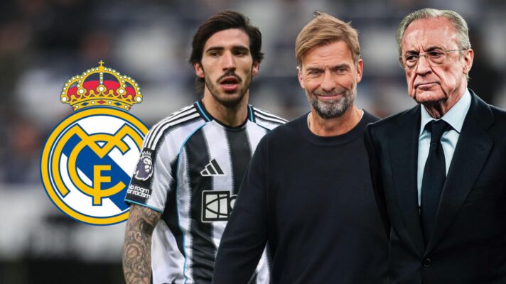 Real Madrid president Florentino Perez with Sandro Tonali and Jurgen Klopp