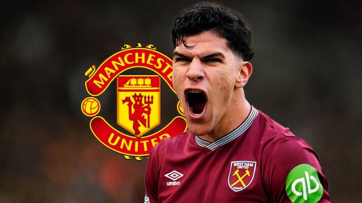 Manchester United badge next to West Ham United midfielder Mateus Fernandes - copyright F365