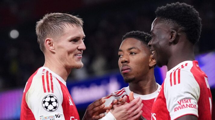 Martin Odegaard, Myles Lewis-Skelly and Bukayo Saka.