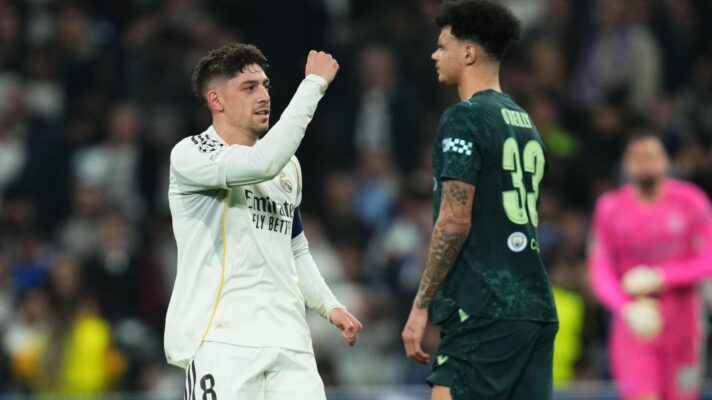 Federico Valverde celebrates the second of his three goals for Real Madrid against Man City