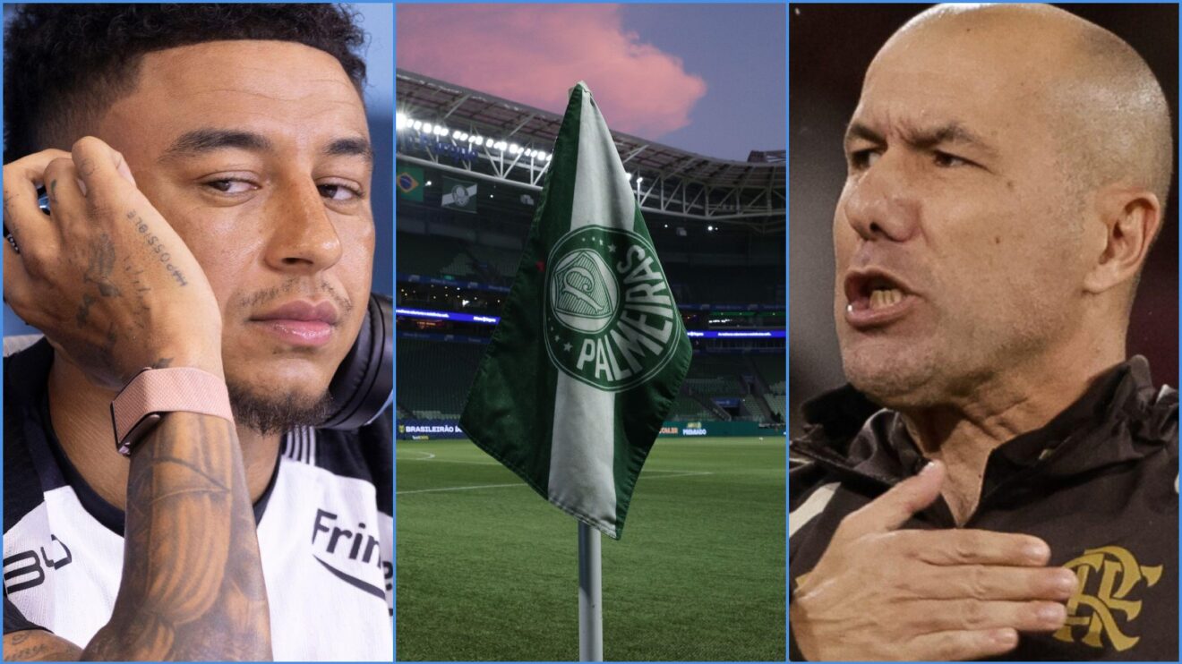 Jesse Lingard of Corinthians, a Palmeiras flag and Flamengo manager Leonardo Jardim