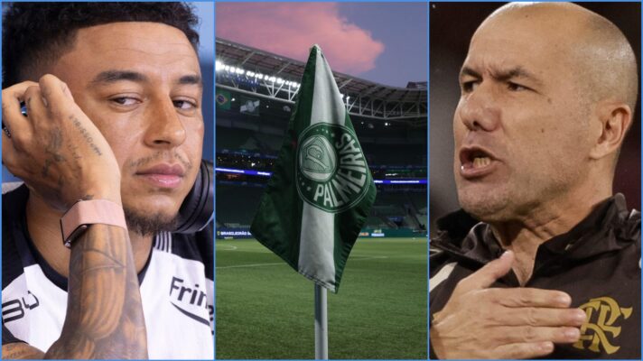 Jesse Lingard of Corinthians, a Palmeiras flag and Flamengo manager Leonardo Jardim
