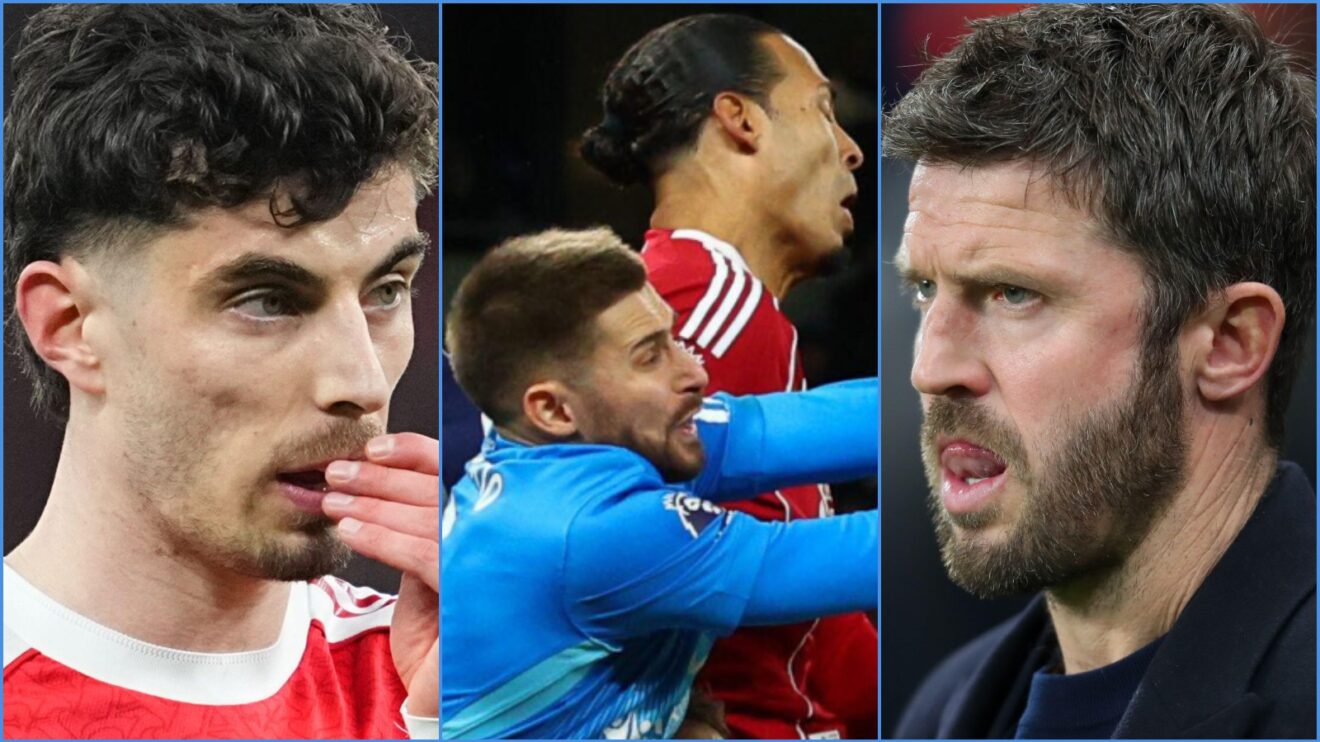 Arsenal player Kai Havertz, Guglielmo Vicario and Virgil van Dijk, and Man Utd coach Michael Carrick