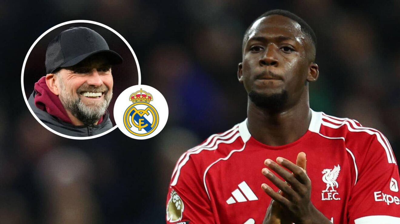 Jurgen Klopp, Real Madrid badge and Liverpool defender Ibrahima Konate - copyright F365