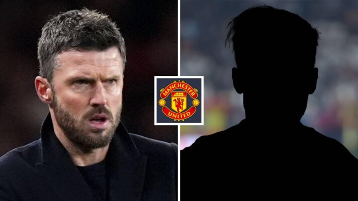 Split image of Manchester United manager Michael Carrick and a shadow with the Manchester United badge in between - copyright F365