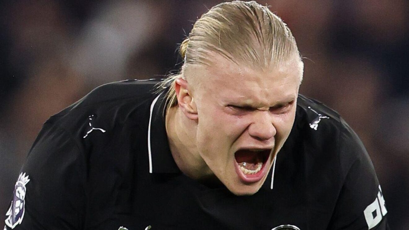 Manchester City striker Erling Haaland reacts with frustration against West Ham