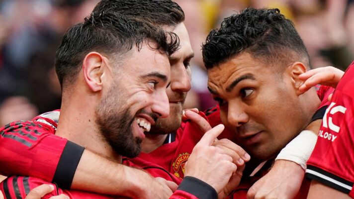 Bruno Fernandes and Casemiro celebrate the opening goal as Man United beat Aston Villa 3-1