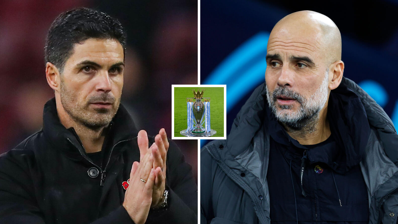 F365 Mikel Arteta Pep Guardiola with Premier League trophy 1 1