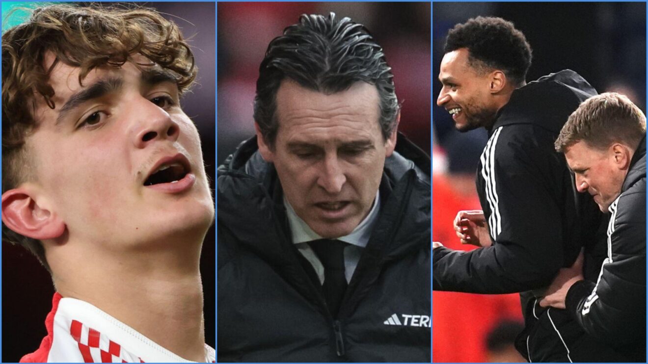 Arsenal player Max Dowman, Unai Emery against Man Utd, and Newcastle's Jacob Murphy and Eddie Howe