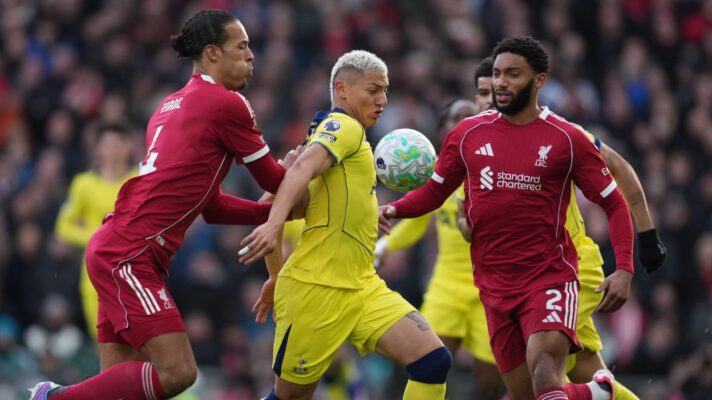 Virgil van Dijk and Joe Gomez battle with Richarlison