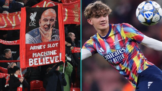 Arne Slot flag on the Kop and Arsenal's Max Dowman.