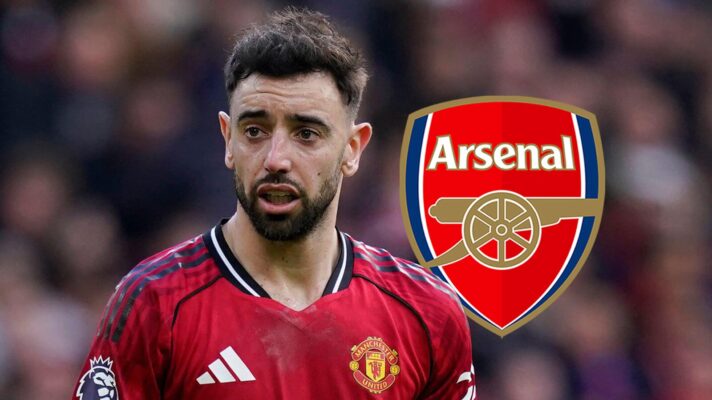 Manchester United player Bruno Fernandes with an Arsenal badge