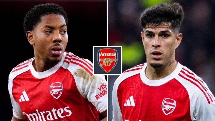 Split image of Myles Lewis-Skelly and Piero Hincapie with the Arsenal badge in between – F365
