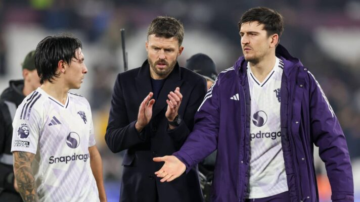 Man Utd manager Michael Carrick, centre-backs Lisandro Martinez and Harry Maguire