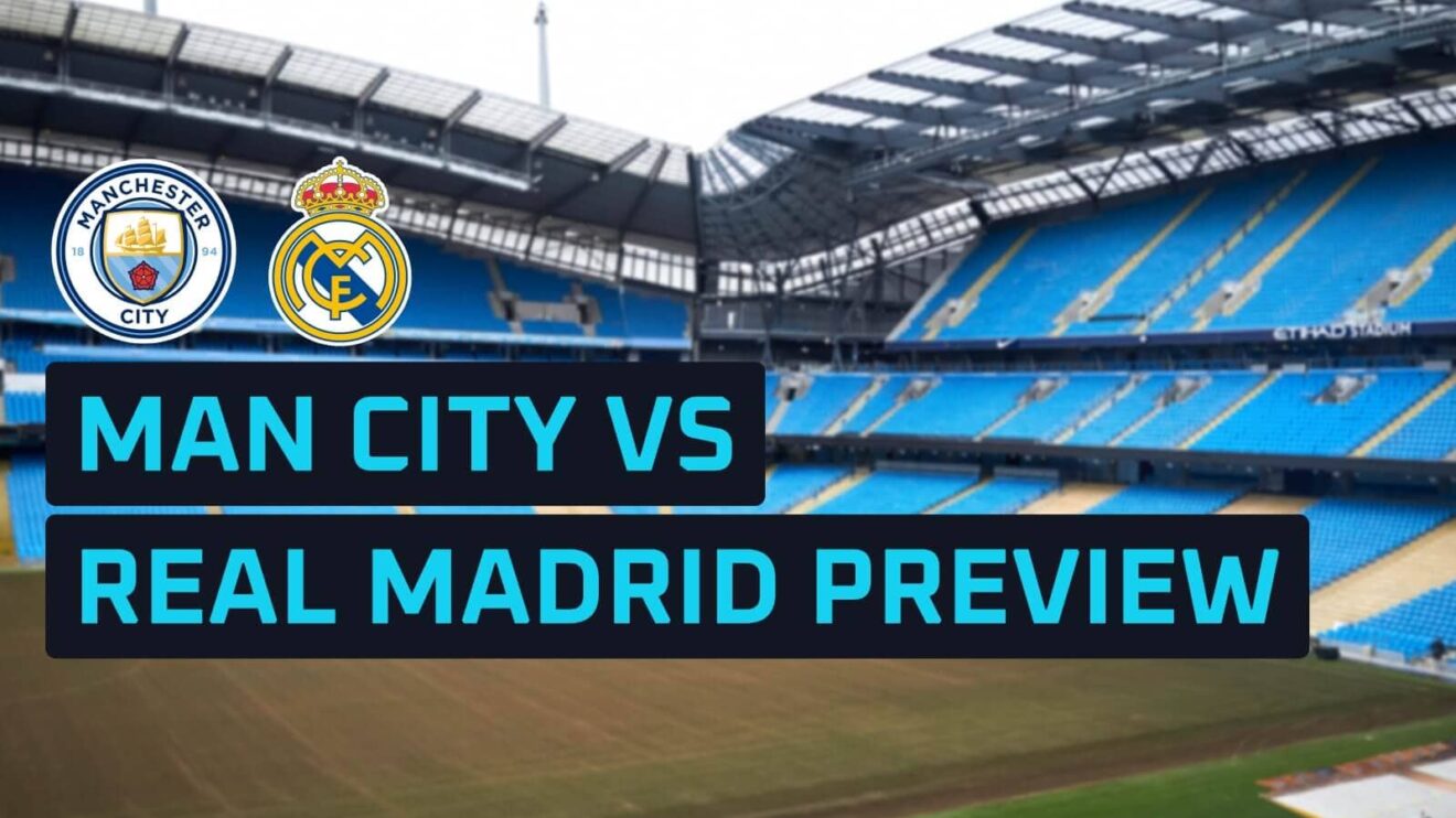 Man City and Real Madrid club badges against a backdrop of the Etihad.