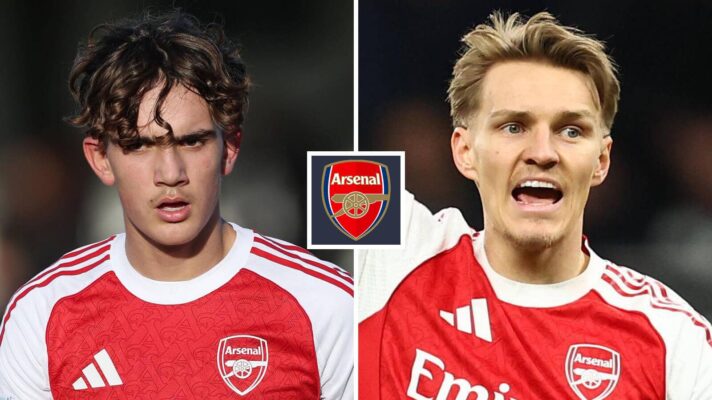 Split image of Arsenal duo Max Dowman and Martin Odegaard with the Arsenal badge in between - copyright F365