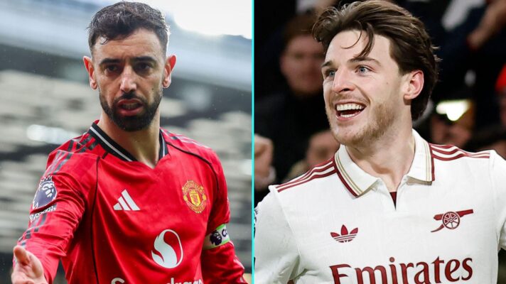 Split image of Manchester United star Bruno Fernandes and Arsenal ace Declan Rice - copyright F365