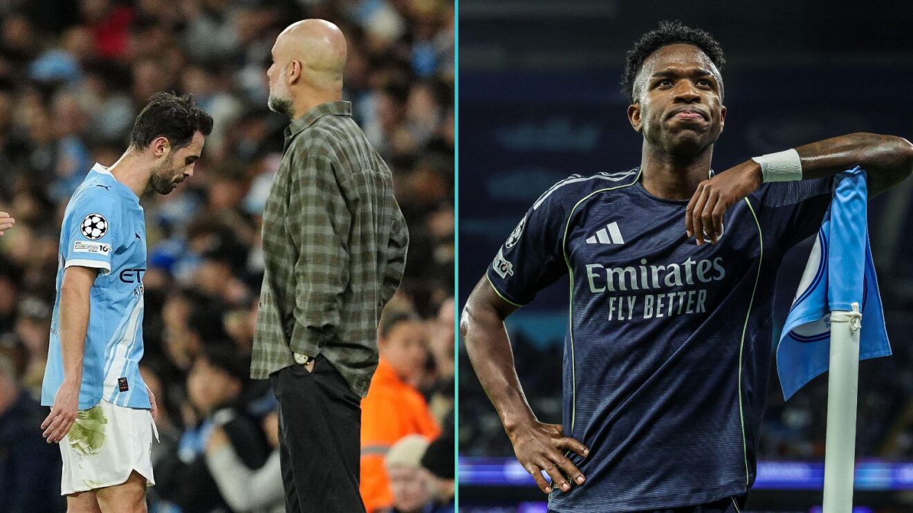 Man City v Real Madrid: Bernardo Silva, Pep Guardiola and Vinicius Junior