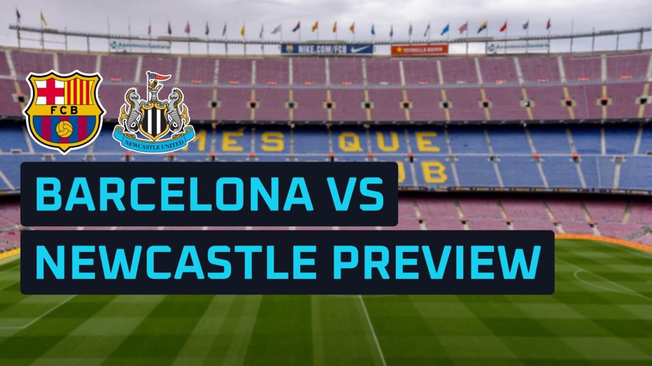 Barcelona and Newcastle club badges against a backdrop of Camp Nou