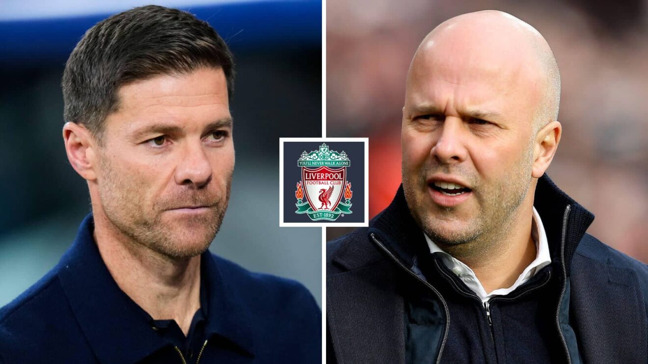 Split image of Xabi Alonso and Arne Slot with the Liverpool badge in between - copyright F365