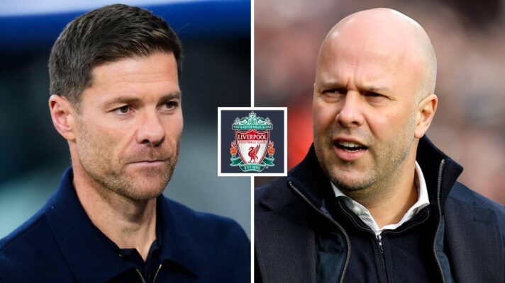 Split image of Xabi Alonso and Arne Slot with the Liverpool badge in between - copyright F365