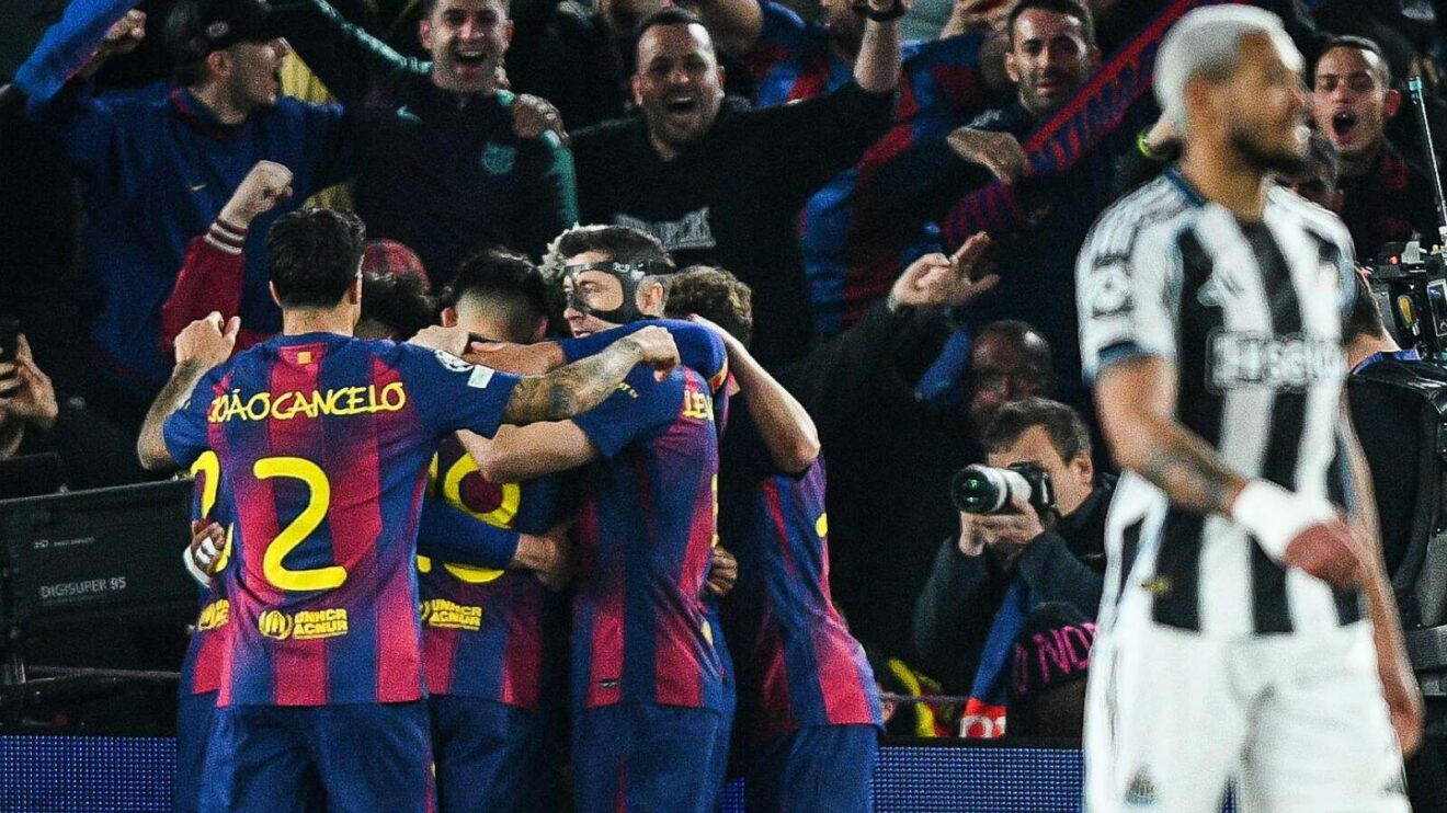 Barcelona celebrate Lamine Yamal's penalty in a 7-2 Champions League win over Newcastle
