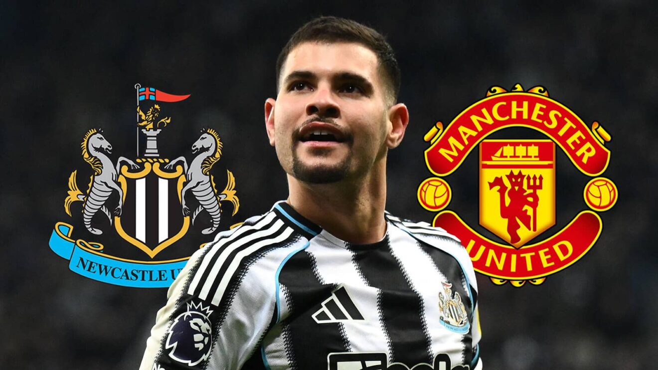 Newcastle United badge, Bruno Guimaraes and Manchester United badge - copyright F365