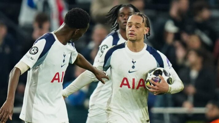Xavi Simons celebrates for Tottenham vs Atletico Madrid
