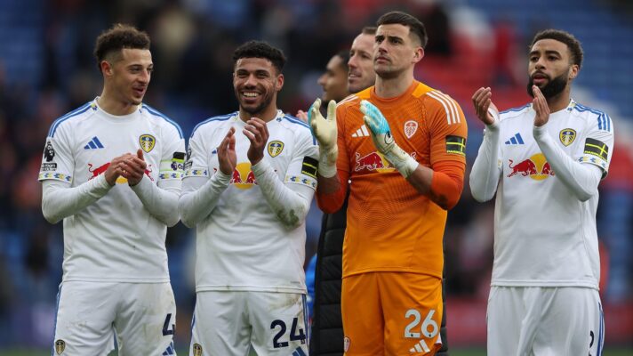 Selhurst Park, Selhurst, London, UK. 15th Mar, 2026. Premier League Football, Crystal Palace versus Leeds United; Ethan Ampadu, James Justin, Karl Darlow and Jayden Bogle of Leeds United thanking the fans after the match