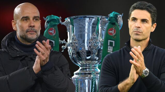 The Carabao Cup trophy with Manchester City manager Pep Guardiola and Arsenal coach Mikel Arteta