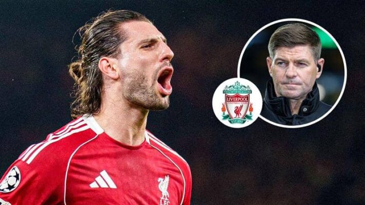 Liverpool midfielder Dominik Szoboszlai, Liverpool badge and Steven Gerrard - copyright F365