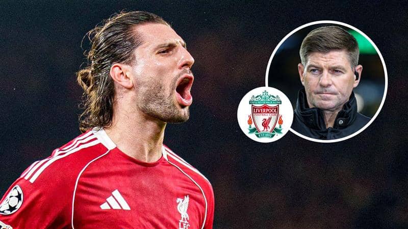 Liverpool midfielder Dominik Szoboszlai, Liverpool badge and Steven Gerrard - copyright F365