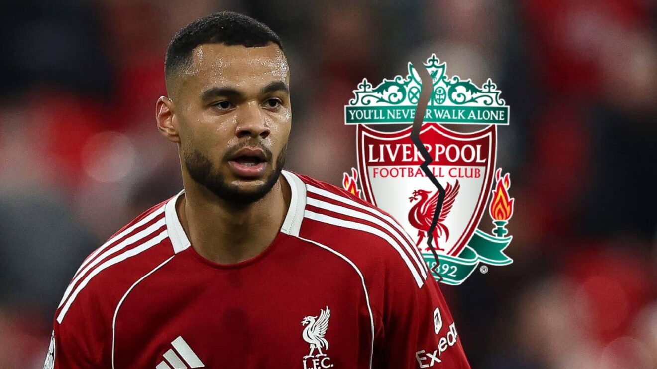 Liverpool winger Cody Gakpo next to a cracked Liverpool badge - copyright F365