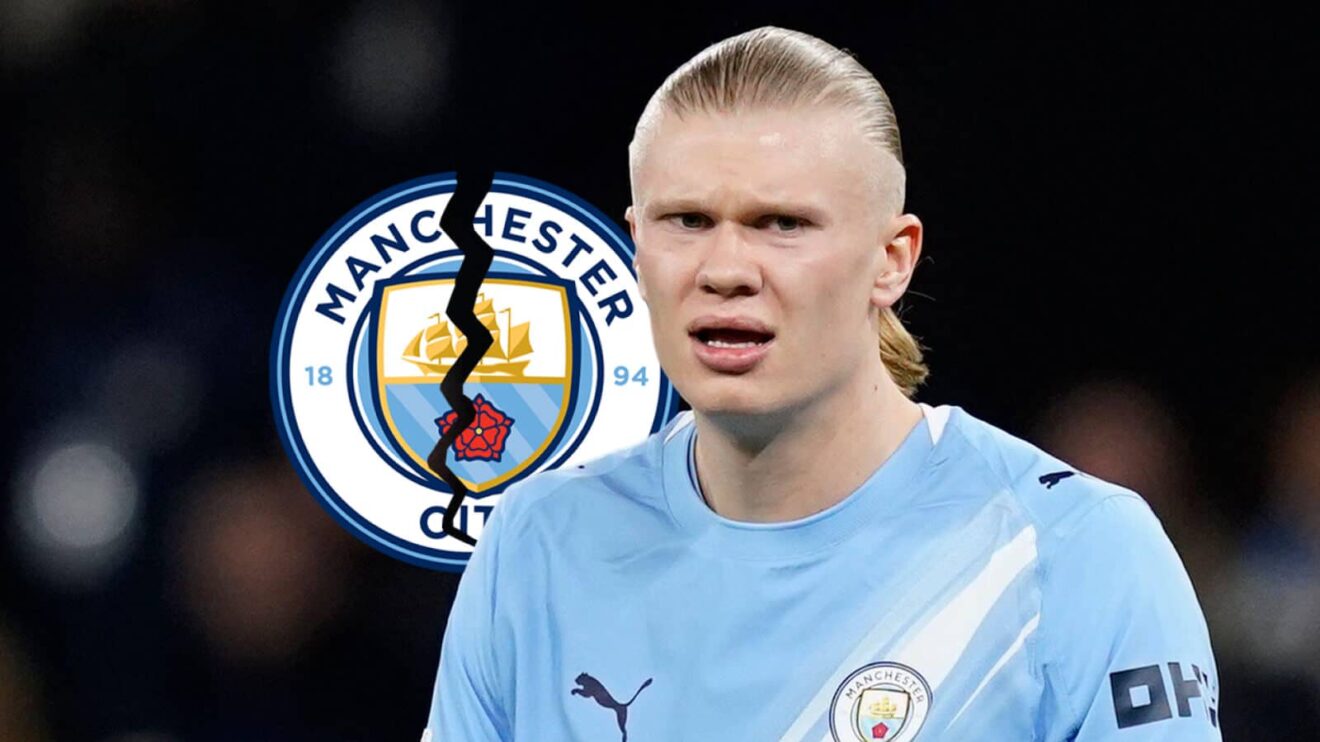 Cracked Manchester City badge next to Erling Haaland - copyright F365