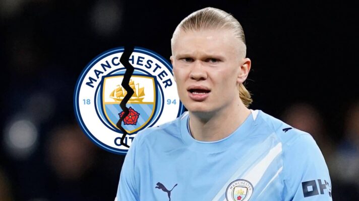 Cracked Manchester City badge next to Erling Haaland - copyright F365
