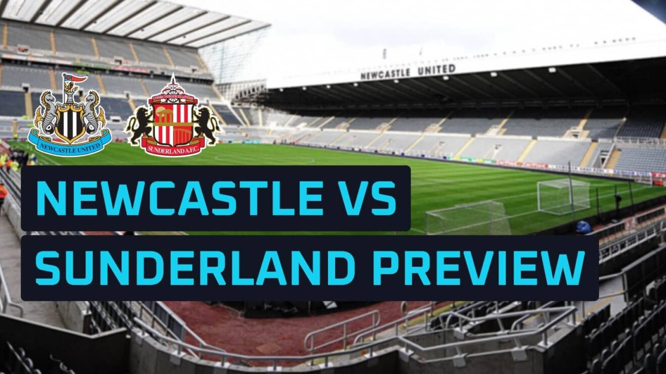 Newcastle and Sunderland club badges against a backdrop of St James' Park