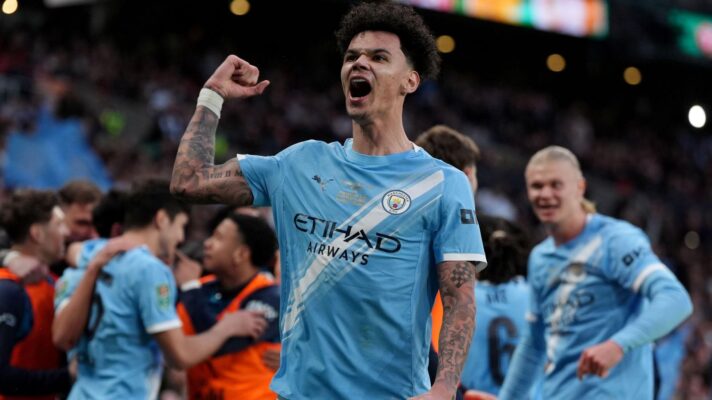 Man City defender Nico O'Reilly celebrates his goal