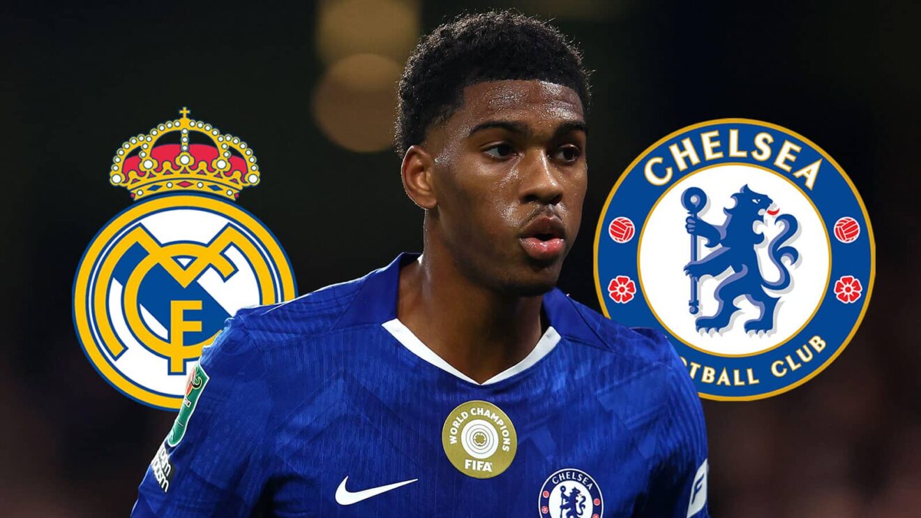 Real Madrid badge, Josh Acheampong and Chelsea badge - copyright F365