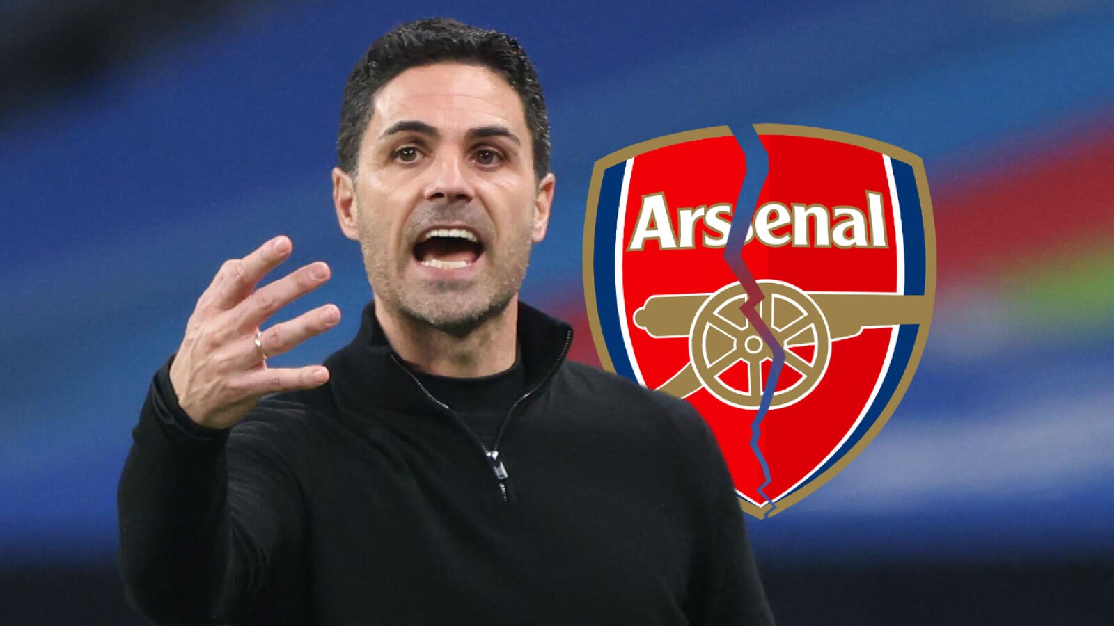 Mikel Arteta next to a cracked Arsenal badge