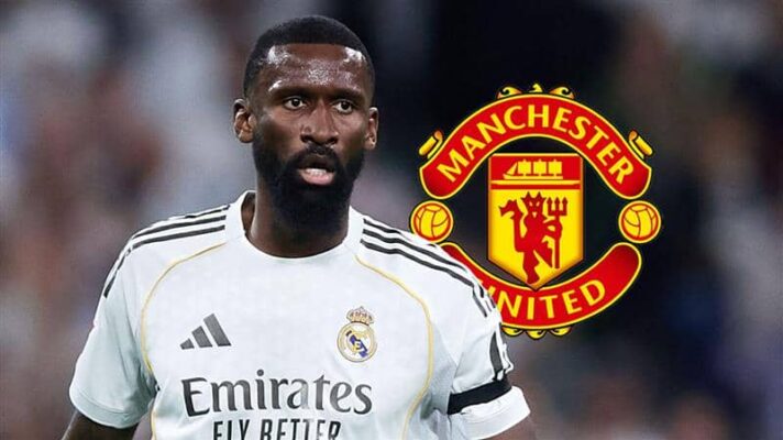 Real Madrid defender Antonio Rudiger next to the Manchester United badge - copyright F365