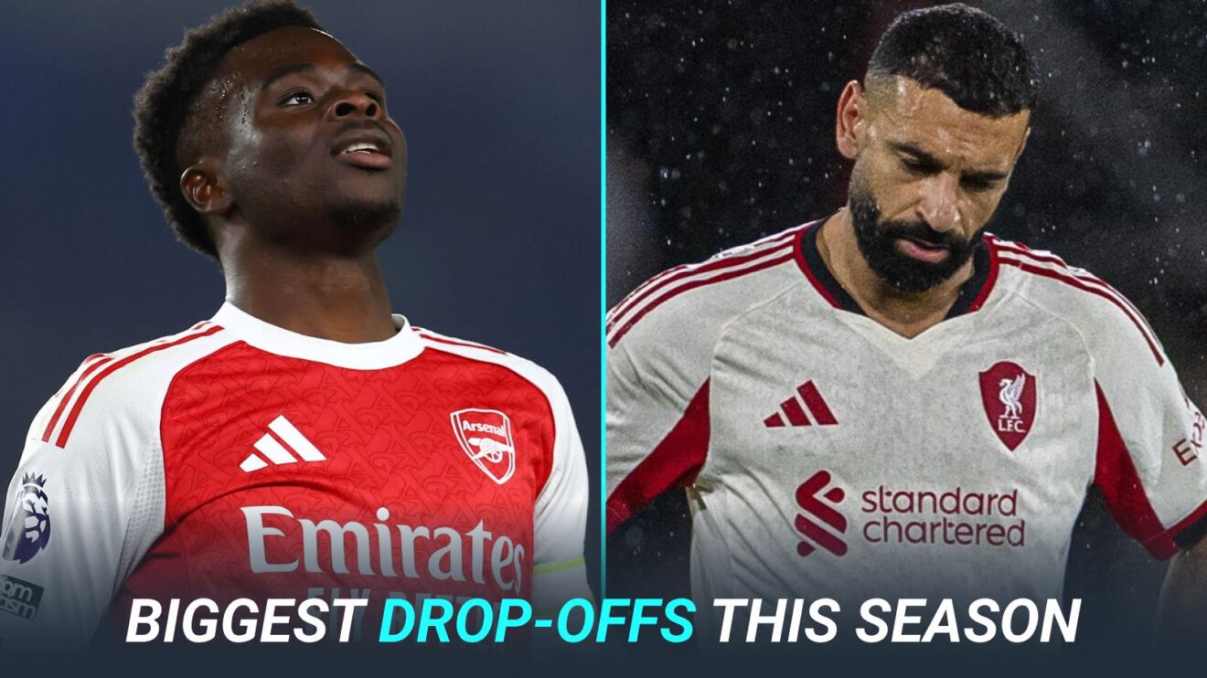 Bukayo Saka and Mohamed Salah with the text: BIGGEST DROP-OFFS THIS SEASON