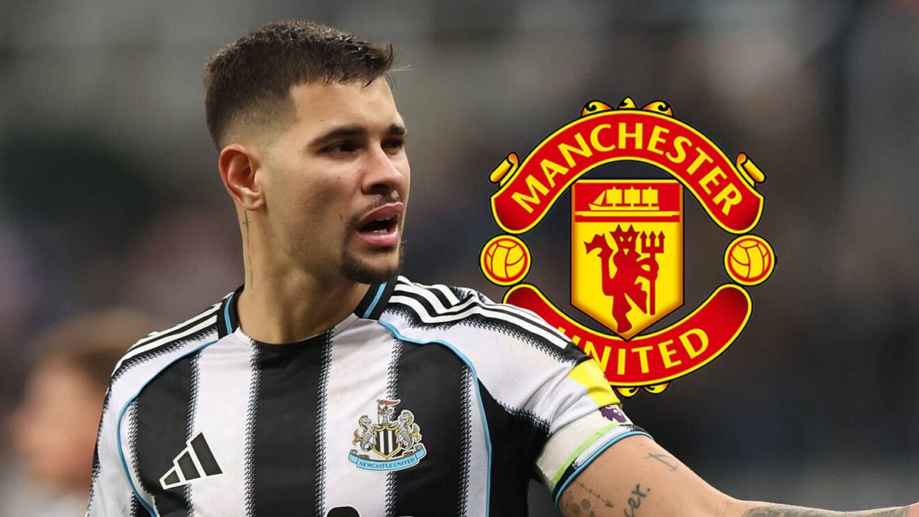 Newcastle Joined midfielder Bruno Guimaraes next off to the Manchester Joined badge - copyright F365