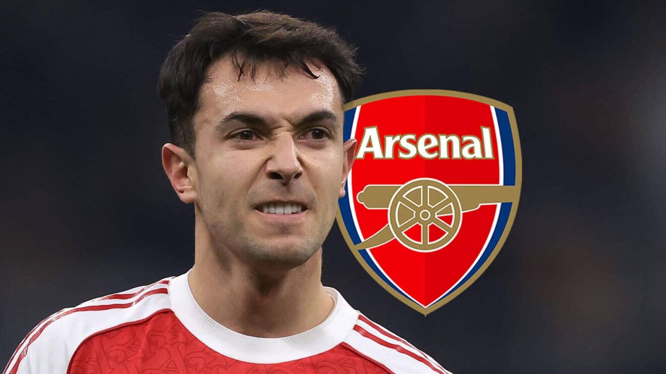Arsenal midfielder Martin Zubimendi next to the Arsenal badge - copyright F365