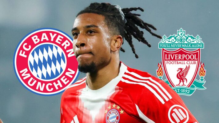 Bayern Munich badge, Michael Olise and Liverpool badge - copyright F365